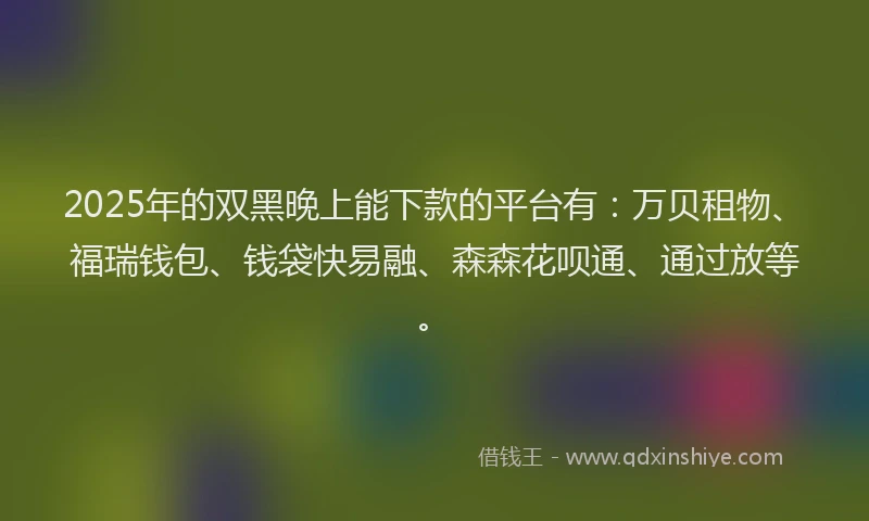 2025年的双黑晚上能下款的平台有：万贝租物、福瑞钱包、钱袋快易融、森森花呗通、通过放等。