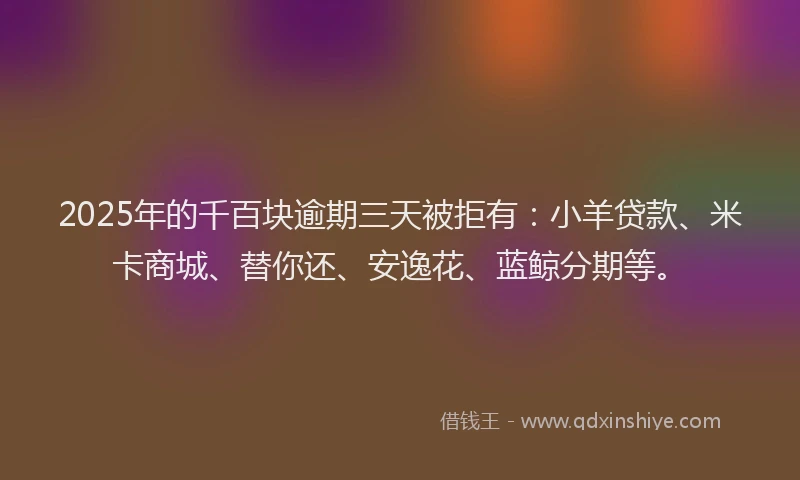 2025年的千百块逾期三天被拒有：小羊贷款、米卡商城、替你还、安逸花、蓝鲸分期等。