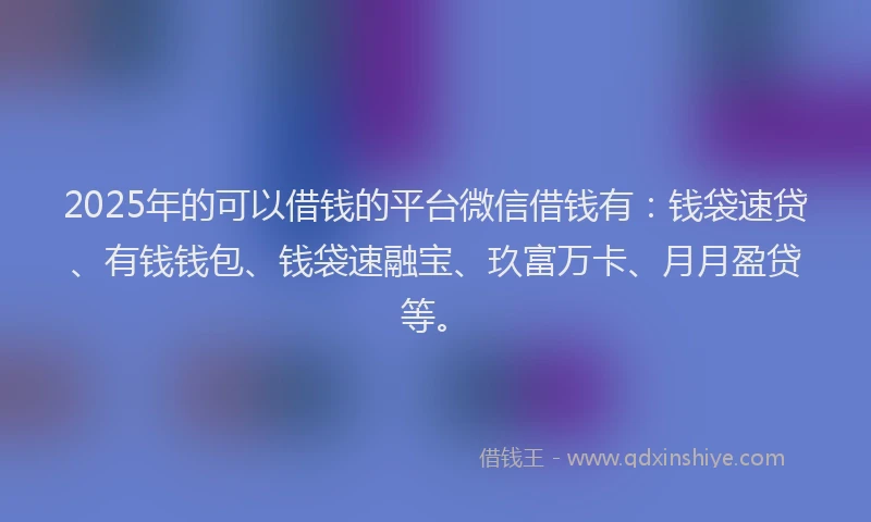 2025年的可以借钱的平台微信借钱有：钱袋速贷、有钱钱包、钱袋速融宝、玖富万卡、月月盈贷等。