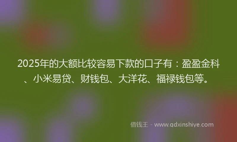 2025年的大额比较容易下款的口子有：盈盈金科、小米易贷、财钱包、大洋花、福禄钱包等。