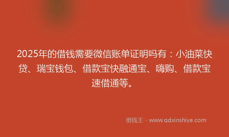 2025年的借钱需要微信账单证明吗有：小油菜快贷、瑞宝钱包、借款宝快融通宝、嗨购、借款宝速借通等。