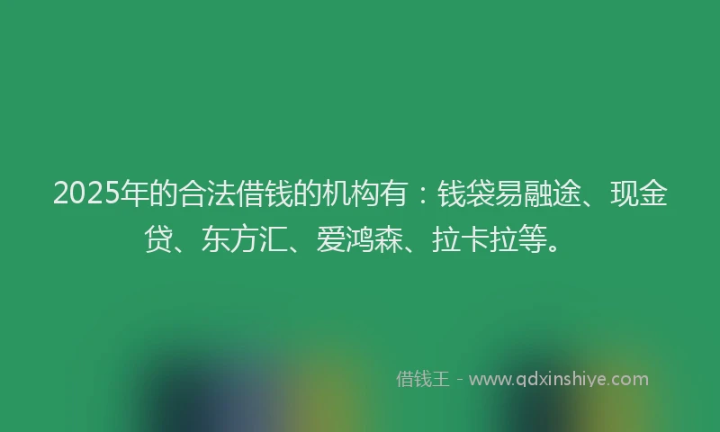 2025年的合法借钱的机构有：钱袋易融途、现金贷、东方汇、爱鸿森、拉卡拉等。