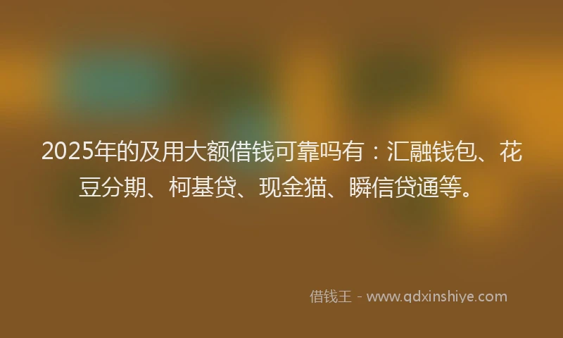 2025年的及用大额借钱可靠吗有：汇融钱包、花豆分期、柯基贷、现金猫、瞬信贷通等。