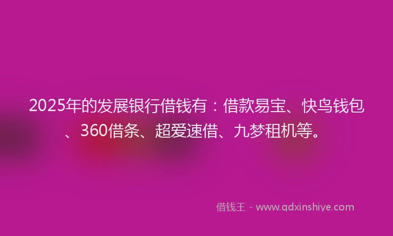 2025年的发展银行借钱有：借款易宝、快鸟钱包、360借条、超爱速借、九梦租机等。