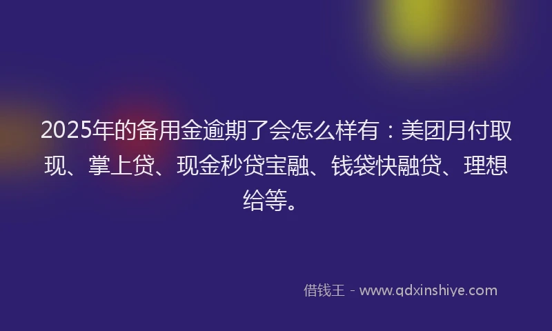 2025年的备用金逾期了会怎么样有：美团月付取现、掌上贷、现金秒贷宝融、钱袋快融贷、理想给等。