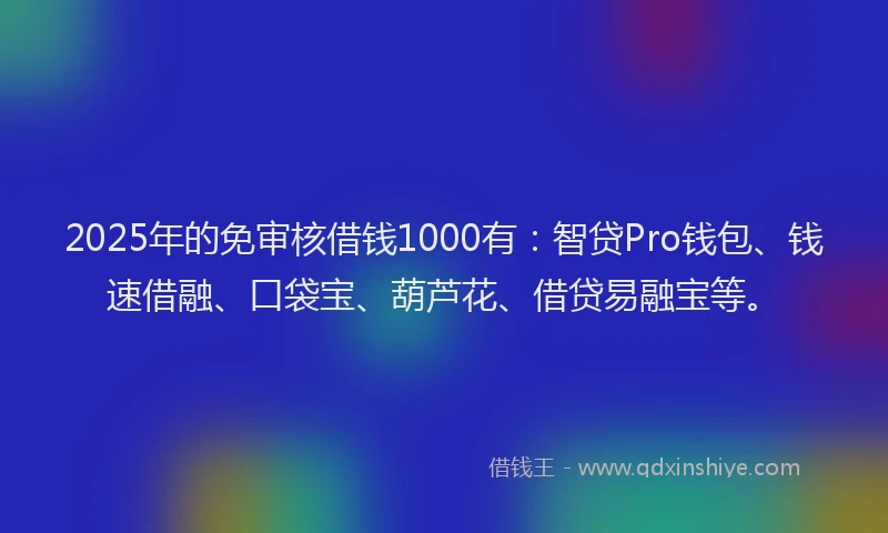 2025年的免审核借钱1000有：智贷Pro钱包、钱速借融、口袋宝、葫芦花、借贷易融宝等。