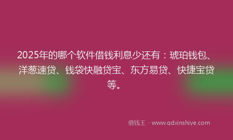 2025年的哪个软件借钱利息少还有：琥珀钱包、洋葱速贷、钱袋快融贷宝、东方易贷、快捷宝贷等。