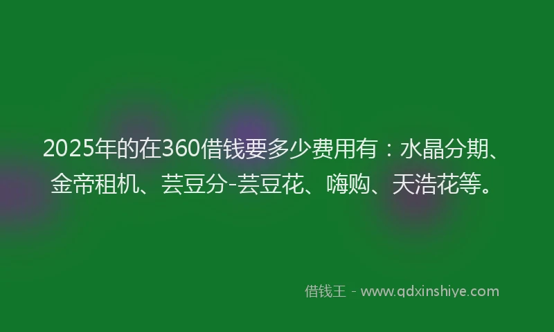 2025年的在360借钱要多少费用有：水晶分期、金帝租机、芸豆分-芸豆花、嗨购、天浩花等。