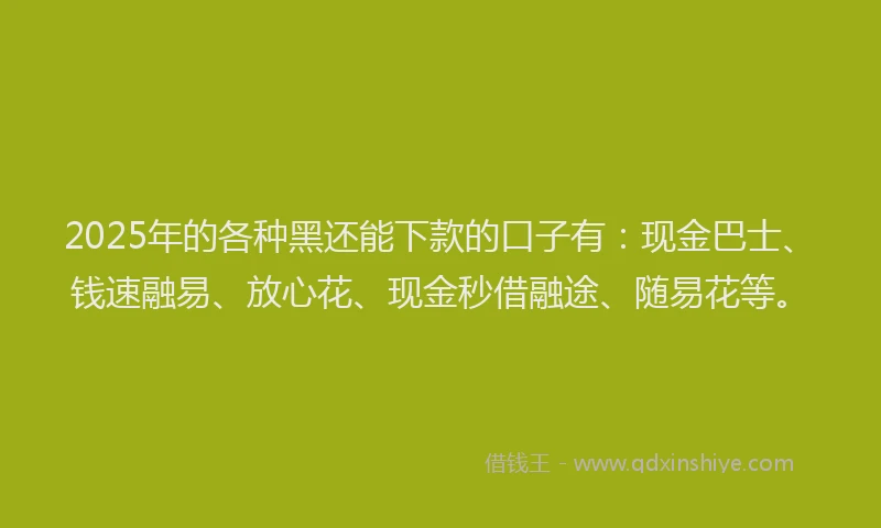 2025年的各种黑还能下款的口子有：现金巴士、钱速融易、放心花、现金秒借融途、随易花等。