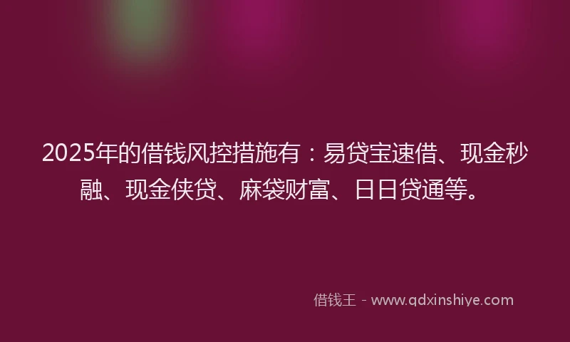2025年的借钱风控措施有：易贷宝速借、现金秒融、现金侠贷、麻袋财富、日日贷通等。