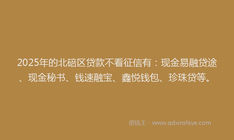 2025年的北碚区贷款不看征信有：现金易融贷途、现金秘书、钱速融宝、鑫悦钱包、珍珠贷等。