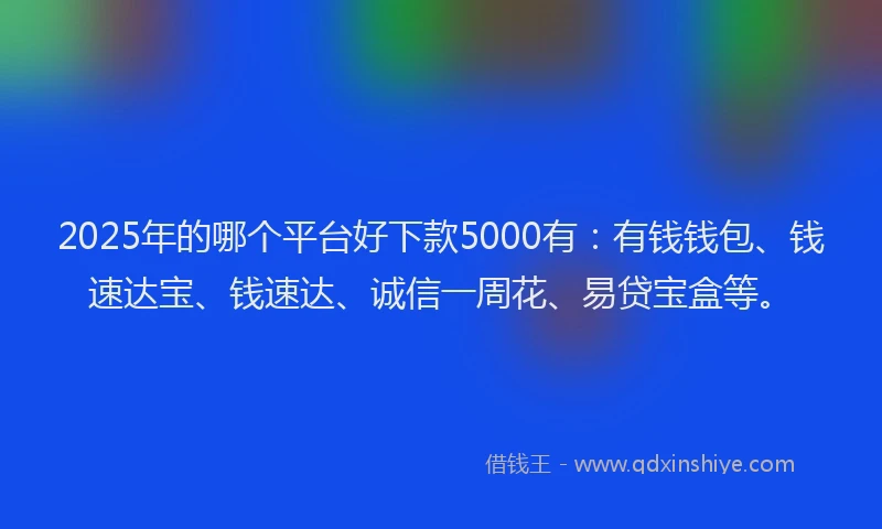 2025年的哪个平台好下款5000有：有钱钱包、钱速达宝、钱速达、诚信一周花、易贷宝盒等。