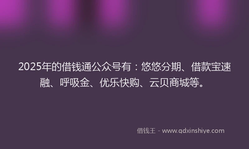2025年的借钱通公众号有：悠悠分期、借款宝速融、呼吸金、优乐快购、云贝商城等。