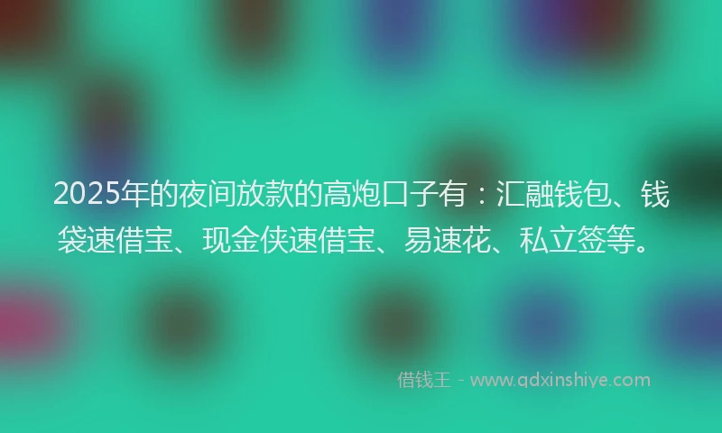 2025年的夜间放款的高炮口子有：汇融钱包、钱袋速借宝、现金侠速借宝、易速花、私立签等。