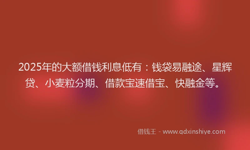 2025年的大额借钱利息低有：钱袋易融途、星辉贷、小麦粒分期、借款宝速借宝、快融金等。
