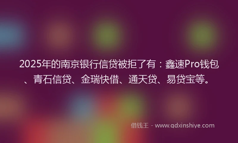 2025年的南京银行信贷被拒了有：鑫速Pro钱包、青石信贷、金瑞快借、通天贷、易贷宝等。