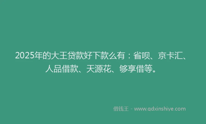 2025年的大王贷款好下款么有：省呗、京卡汇、人品借款、天源花、够享借等。