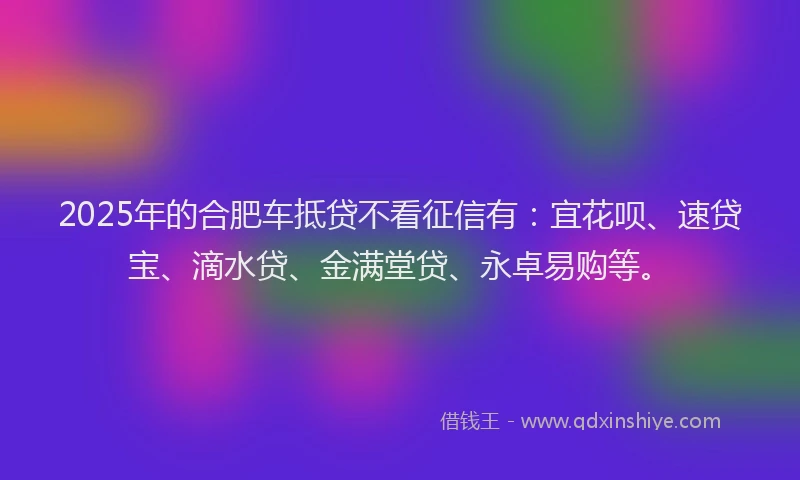 2025年的合肥车抵贷不看征信有：宜花呗、速贷宝、滴水贷、金满堂贷、永卓易购等。