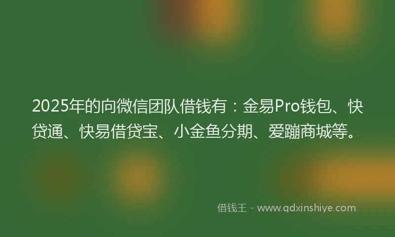 2025年的向微信团队借钱有：金易Pro钱包、快贷通、快易借贷宝、小金鱼分期、爱蹦商城等。