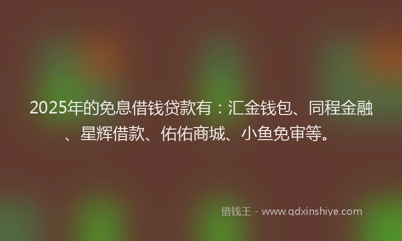 2025年的免息借钱贷款有：汇金钱包、同程金融、星辉借款、佑佑商城、小鱼免审等。
