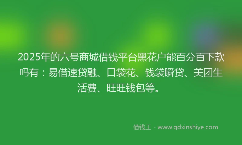 2025年的六号商城借钱平台黑花户能百分百下款吗有：易借速贷融、口袋花、钱袋瞬贷、美团生活费、旺旺钱包等。