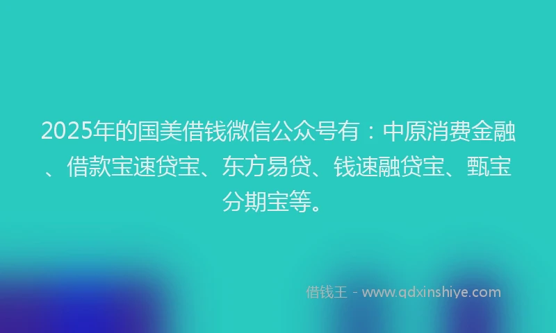 2025年的国美借钱微信公众号有：中原消费金融、借款宝速贷宝、东方易贷、钱速融贷宝、甄宝分期宝等。