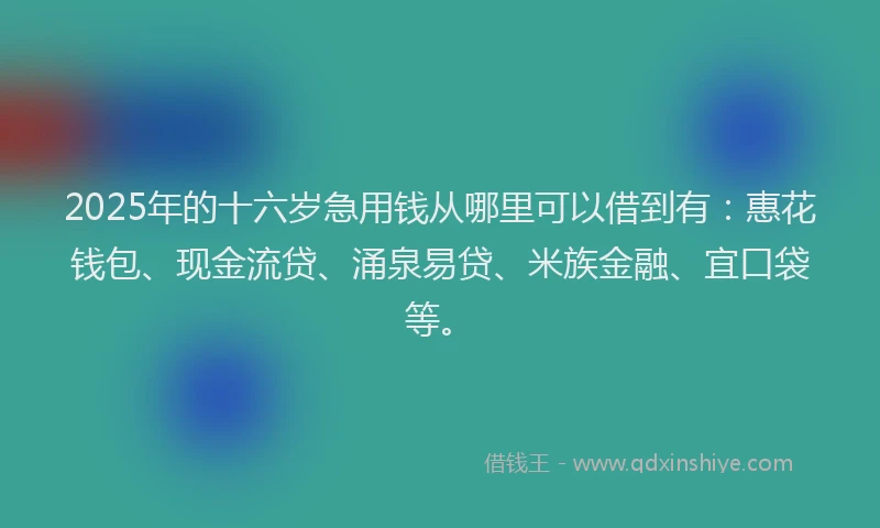 2025年的十六岁急用钱从哪里可以借到有：惠花钱包、现金流贷、涌泉易贷、米族金融、宜口袋等。