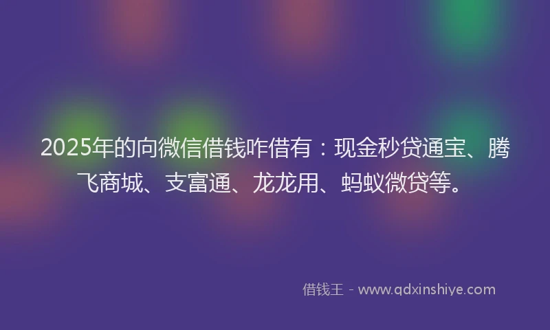 2025年的向微信借钱咋借有：现金秒贷通宝、腾飞商城、支富通、龙龙用、蚂蚁微贷等。