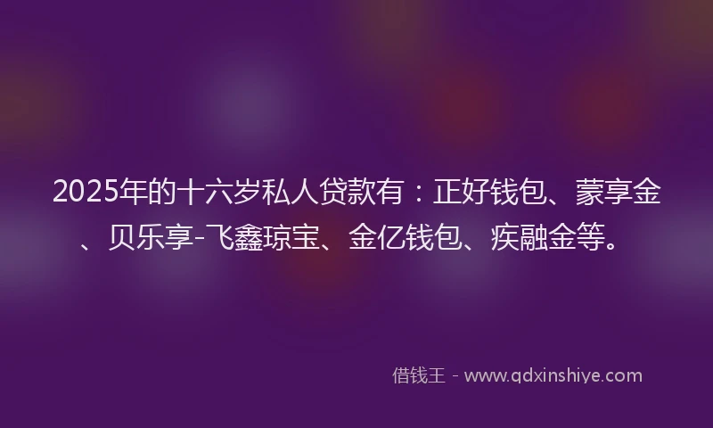 2025年的十六岁私人贷款有：正好钱包、蒙享金、贝乐享-飞鑫琼宝、金亿钱包、疾融金等。