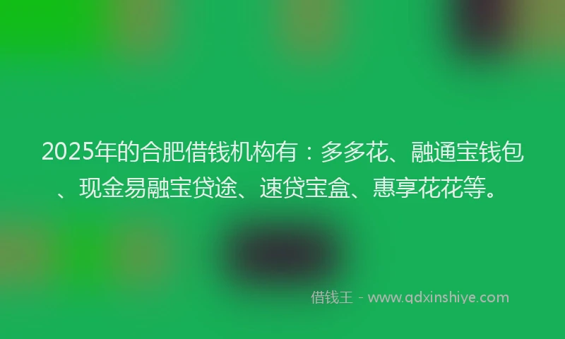 2025年的合肥借钱机构有：多多花、融通宝钱包、现金易融宝贷途、速贷宝盒、惠享花花等。