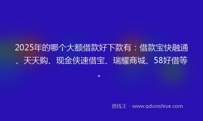 2025年的哪个大额借款好下款有：借款宝快融通、天天购、现金侠速借宝、瑞耀商城、58好借等。