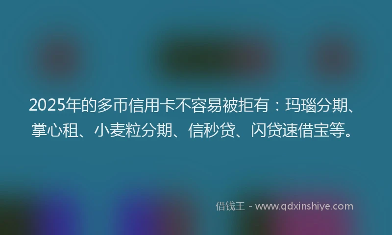 2025年的多币信用卡不容易被拒有：玛瑙分期、掌心租、小麦粒分期、信秒贷、闪贷速借宝等。