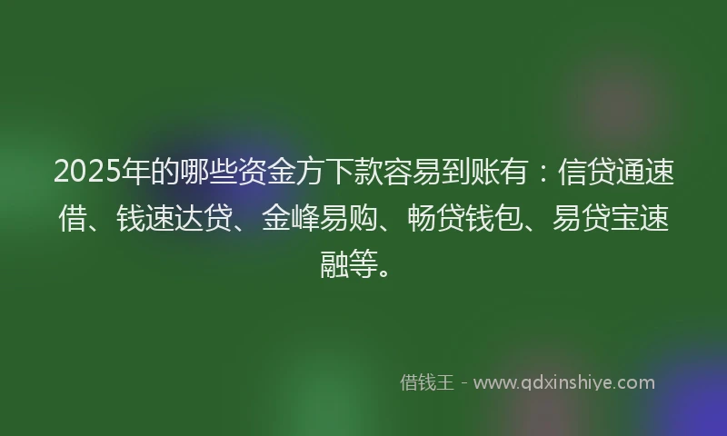 2025年的哪些资金方下款容易到账有：信贷通速借、钱速达贷、金峰易购、畅贷钱包、易贷宝速融等。