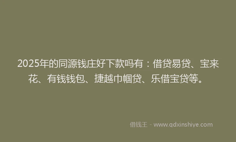 2025年的同源钱庄好下款吗有：借贷易贷、宝来花、有钱钱包、捷越巾帼贷、乐借宝贷等。
