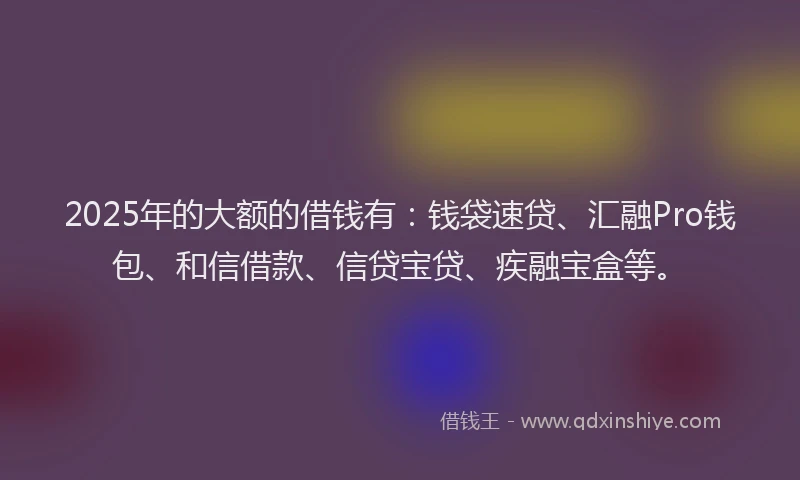2025年的大额的借钱有：钱袋速贷、汇融Pro钱包、和信借款、信贷宝贷、疾融宝盒等。