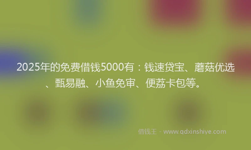 2025年的免费借钱5000有：钱速贷宝、蘑菇优选、甄易融、小鱼免审、便荔卡包等。