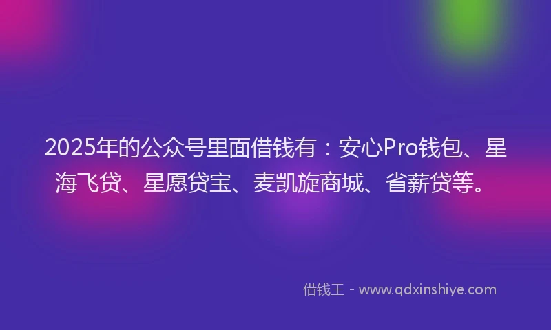 2025年的公众号里面借钱有：安心Pro钱包、星海飞贷、星愿贷宝、麦凯旋商城、省薪贷等。