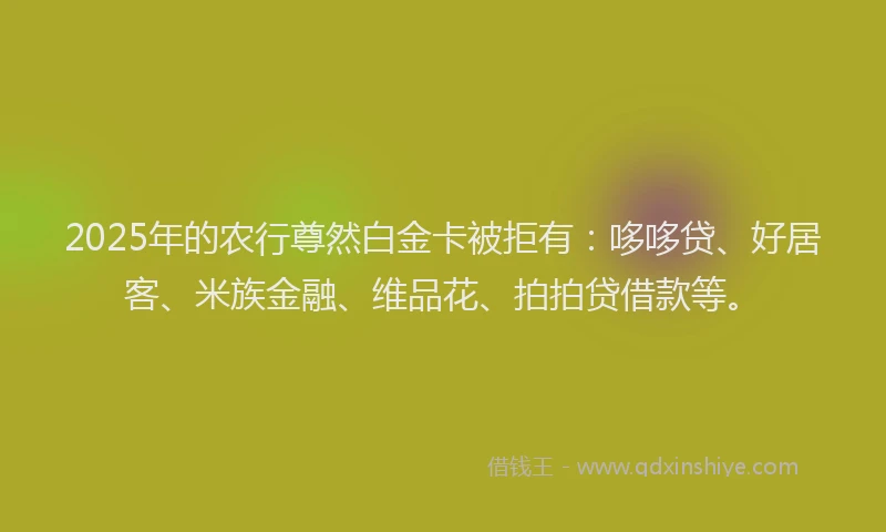 2025年的农行尊然白金卡被拒有：哆哆贷、好居客、米族金融、维品花、拍拍贷借款等。