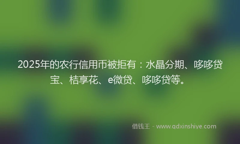 2025年的农行信用币被拒有：水晶分期、哆哆贷宝、桔享花、e微贷、哆哆贷等。