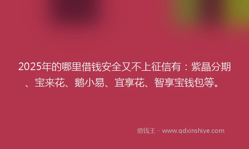 2025年的哪里借钱安全又不上征信有：紫晶分期、宝来花、鹅小易、宜享花、智享宝钱包等。