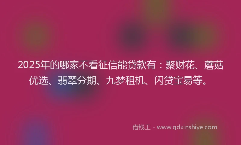2025年的哪家不看征信能贷款有：聚财花、蘑菇优选、翡翠分期、九梦租机、闪贷宝易等。