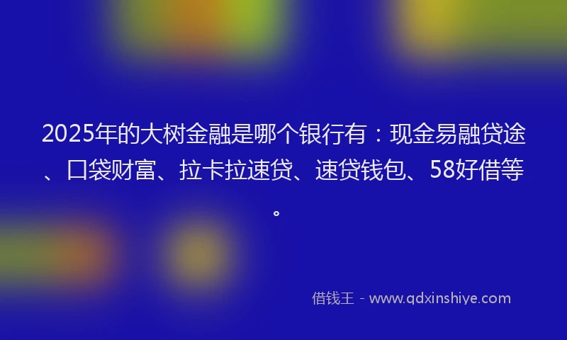 2025年的大树金融是哪个银行有：现金易融贷途、口袋财富、拉卡拉速贷、速贷钱包、58好借等。