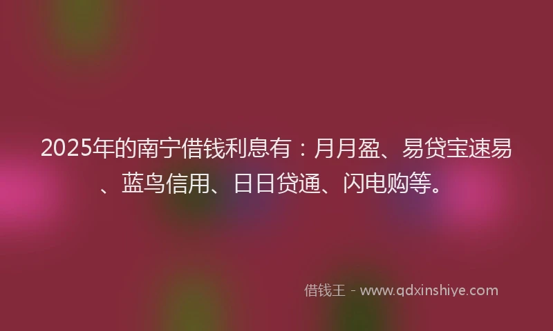 2025年的南宁借钱利息有：月月盈、易贷宝速易、蓝鸟信用、日日贷通、闪电购等。