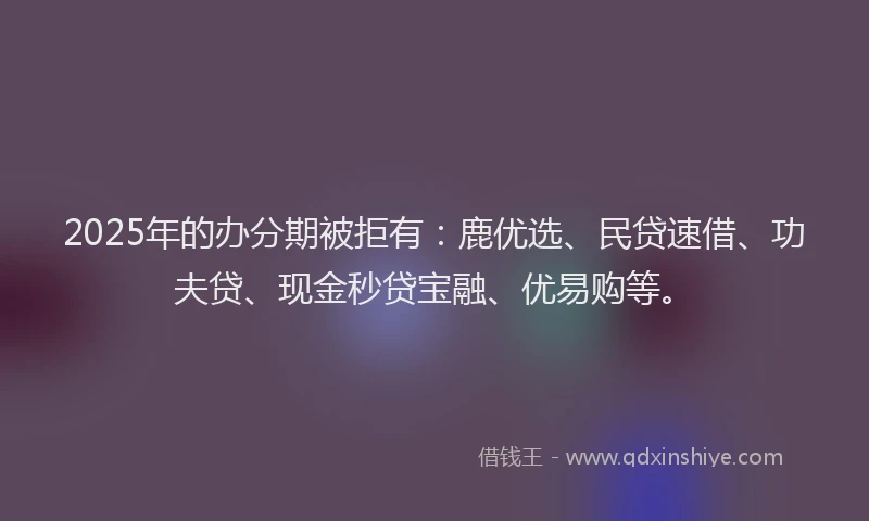 2025年的办分期被拒有：鹿优选、民贷速借、功夫贷、现金秒贷宝融、优易购等。
