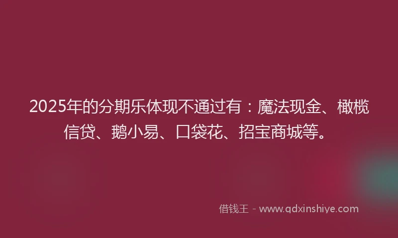 2025年的分期乐体现不通过有：魔法现金、橄榄信贷、鹅小易、口袋花、招宝商城等。