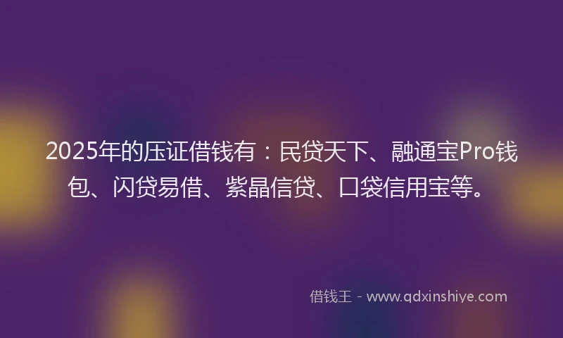 2025年的压证借钱有：民贷天下、融通宝Pro钱包、闪贷易借、紫晶信贷、口袋信用宝等。