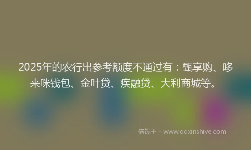 2025年的农行出参考额度不通过有：甄享购、哆来咪钱包、金叶贷、疾融贷、大利商城等。