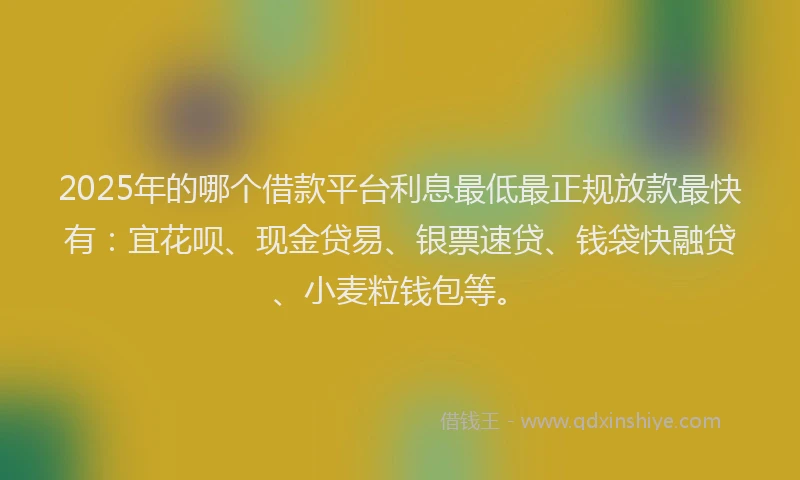 2025年的哪个借款平台利息最低最正规放款最快有：宜花呗、现金贷易、银票速贷、钱袋快融贷、小麦粒钱包等。