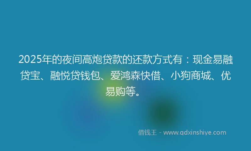 2025年的夜间高炮贷款的还款方式有：现金易融贷宝、融悦贷钱包、爱鸿森快借、小狗商城、优易购等。