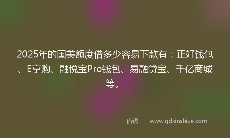 2025年的国美额度借多少容易下款有：正好钱包、E享购、融悦宝Pro钱包、易融贷宝、千亿商城等。